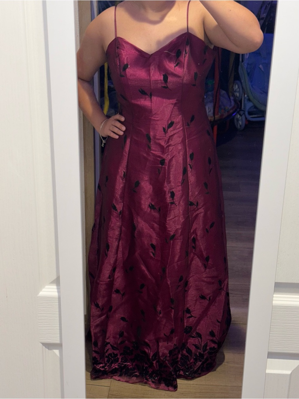 Women’s Burgundy Spaghetti-Strap Party Dress with Black Floral Details - Picture 5 of 6